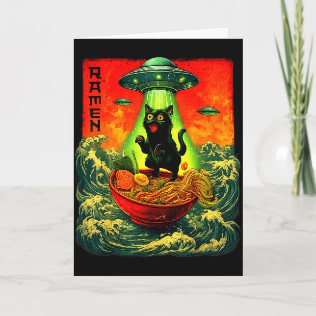 Alien Ramen Cat Ufo Japanese Retro Art Gifts Men W Kort (Framsida)