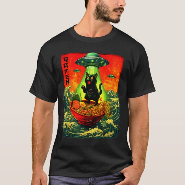 Alien Ramen Cat Ufo Japanese Retro Art Gifts Men W T Shirt (Framsida)