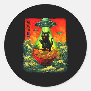 Alien Ramen Katt Ufo Japansk Retro Art Present Men Runt Klistermärke