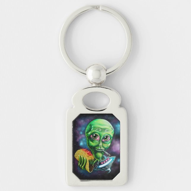 Alien Rektangulärt Silverfärgad Nyckelring (Framsidan)
