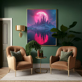 Alien Retro-Futuristiska City med Neon Rosa Måne Perfect Poster