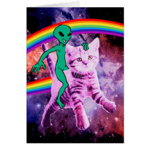 Alien rider en katt hälsningskort