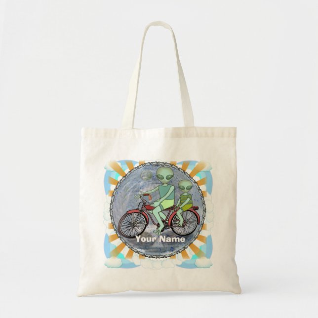 Alien Riding Bike tote bag Tygkasse (Framsidan)