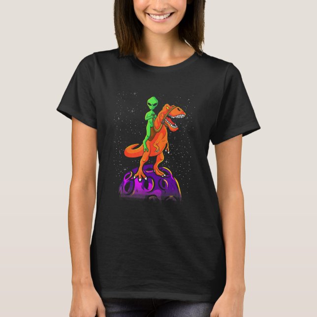 Alien Riding Dinosaur T Rex Kids Boys Rymden T Shirt (Framsida)