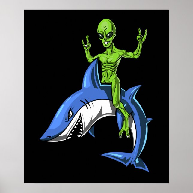 Alien Riding Shark Space UFO Poster (Framsidan)