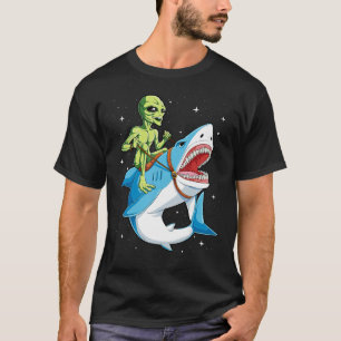 Alien Riding Shark T shirt UFO Women Manar Kids Bo
