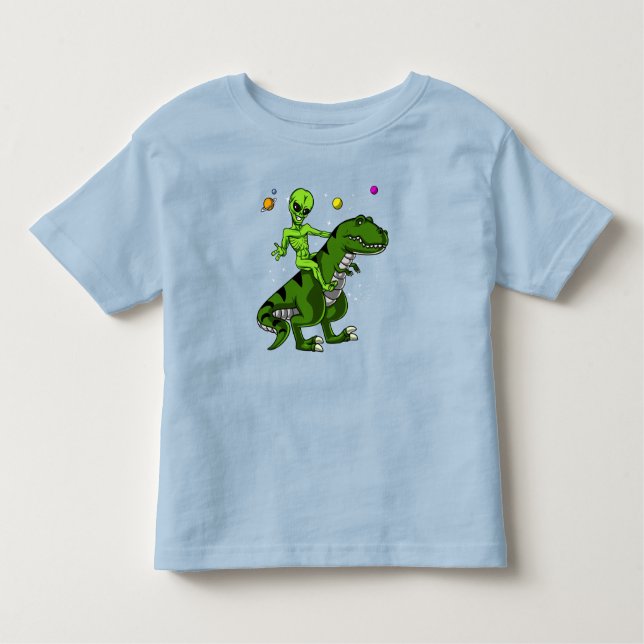 Alien Riding T-Rex Dinosaur Space UFO T Shirt (Framsida)