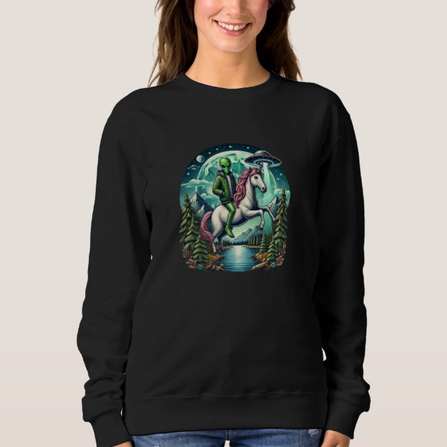 Alien Riding Unicorn UFO T Shirt (Framsida)