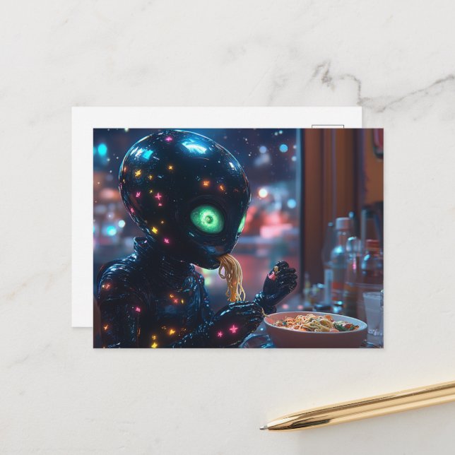 Alien Robot Eating Noodles Vykort (Fram/Back In Situ)