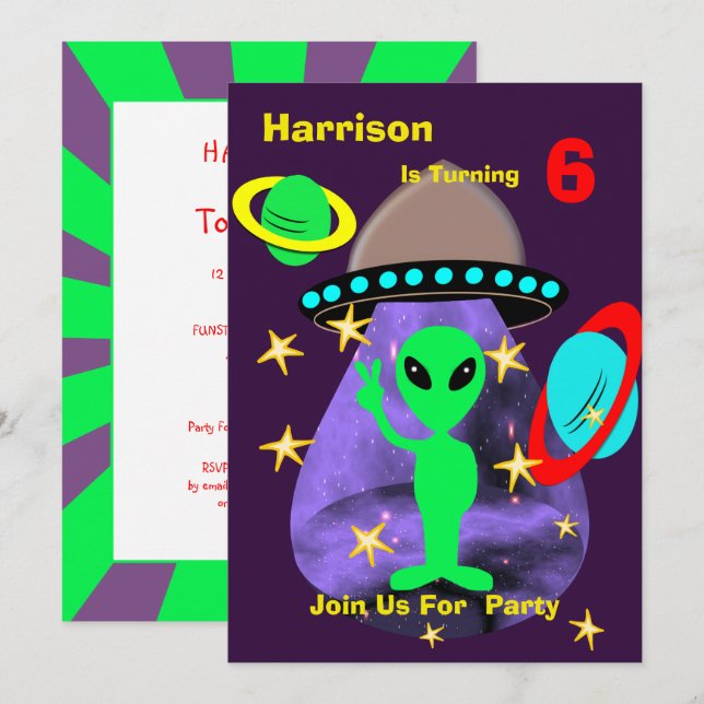 Alien Rymden Kids Roligt Cute Birthday Party Inbjudningar (Fram/baksida)