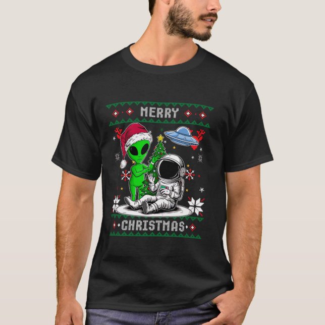 Alien Santa Astronaut God jul Träd Funny S T Shirt (Framsida)