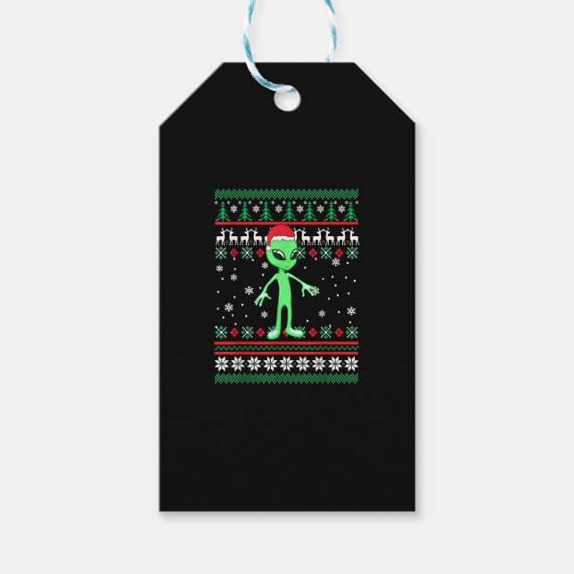Alien Santa Hat Funny UGLY jul Pajama Holida Presentetikett (Framsidan)