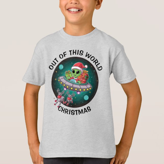 Alien Santa in UFO Kids T Shirt (Framsida)