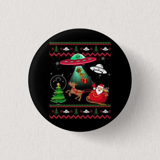 Alien Santa UFO Abduction Ugly jul Sweater S Knapp (Framsida)
