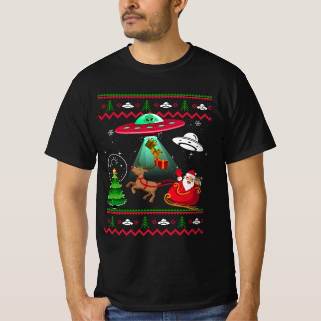 Alien Santa UFO Abduction Ugly jul Sweater S T Shirt (Framsida)