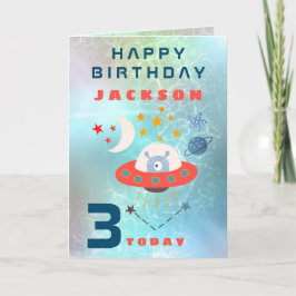 Alien Spaceship Age 3 Space Teal Birthday Kort