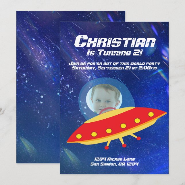 Alien Spaceship Astronaut Rymden Birthday Inbjudningar (Fram/baksida)