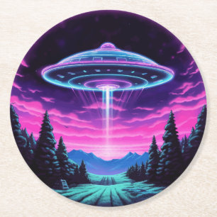 Alien Spaceship Retro Futuristiska Underlägg Papper Rund