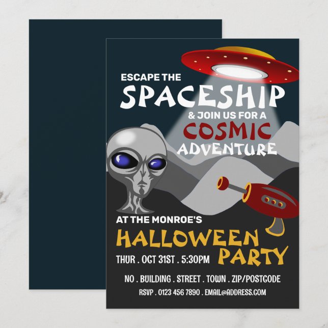 Alien Spaceship Theme, Escape Room, Halloween Inbjudningar (Fram/baksida)