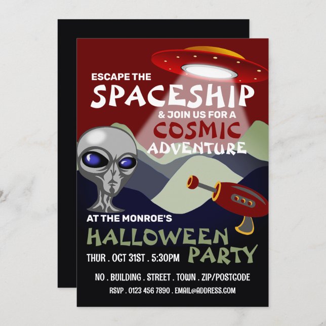 Alien Spaceship Theme, Escape Room, Halloween Inbjudningar (Fram/baksida)
