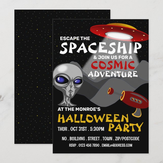 Alien Spaceship Theme, Escape Room, Halloween Inbjudningar (Fram/baksida)