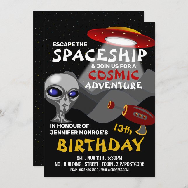 Alien Spacesship Theme, Escape Room, Födelsedagsfe Inbjudningar (Fram/baksida)