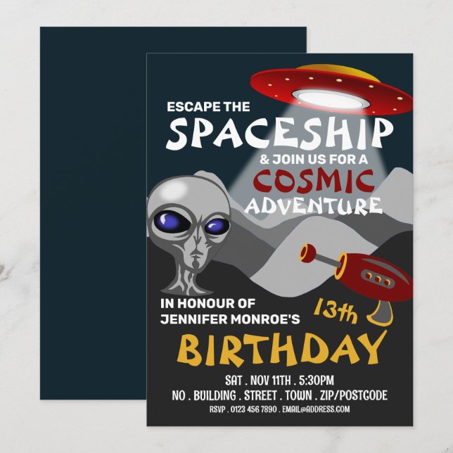 Alien Spacesship Theme, Escape Room, Födelsedagsfe Inbjudningar (Fram/baksida)