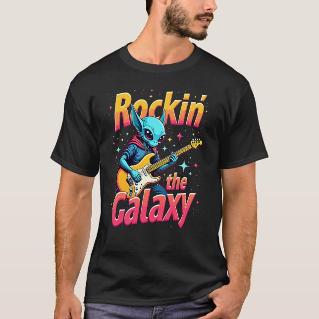 Alien Sten Guitar T-Shirt Rockin" Galaxy (Framsida)