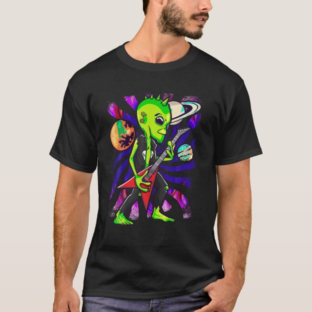 Alien Sten spelar Electric Guitar UFO Fläkt Rocker T Shirt (Framsida)