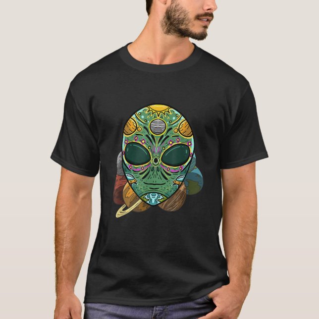 Alien Sugar Skull Galaxy Retro ET Dia de Los Muert T Shirt (Framsida)