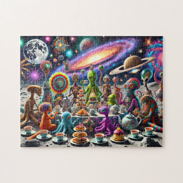 Alien Tea Party Whimsical Extraterrestrial Cosmic Pussel (Horisontell)
