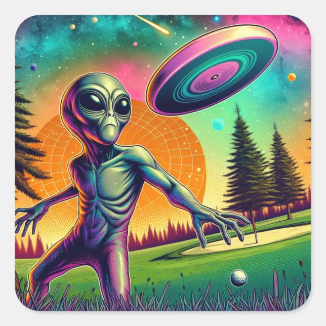 Alien Throwing Disk Golf Fyrkantigt Klistermärke (Framsida)
