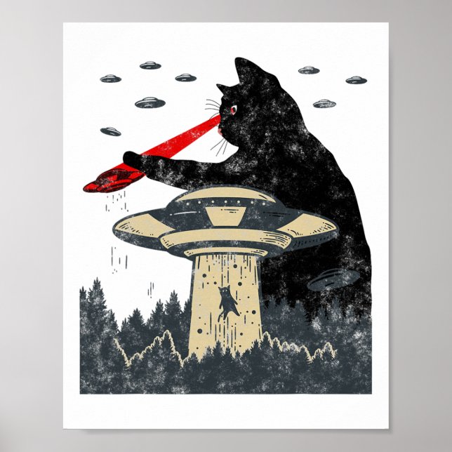 Alien Ufo Abduction Laser Öga Funny Cat Poster (Framsidan)