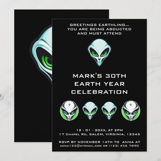 Alien UFO Abduction Space Födelsedagsfest Inbjudningar (Fram/baksida)