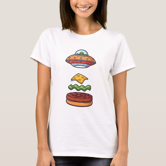 Alien UFO Burger Illustration with Floating Layers T Shirt (Framsida)