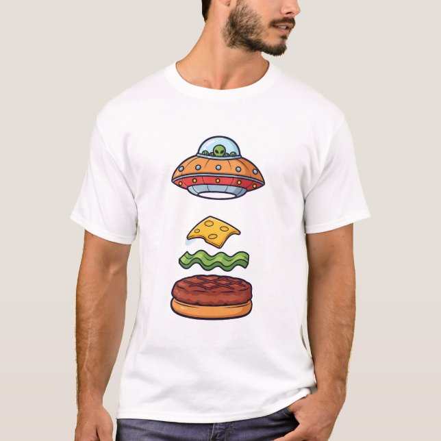 Alien UFO Burger Illustration with Floating Layers T Shirt (Framsida)