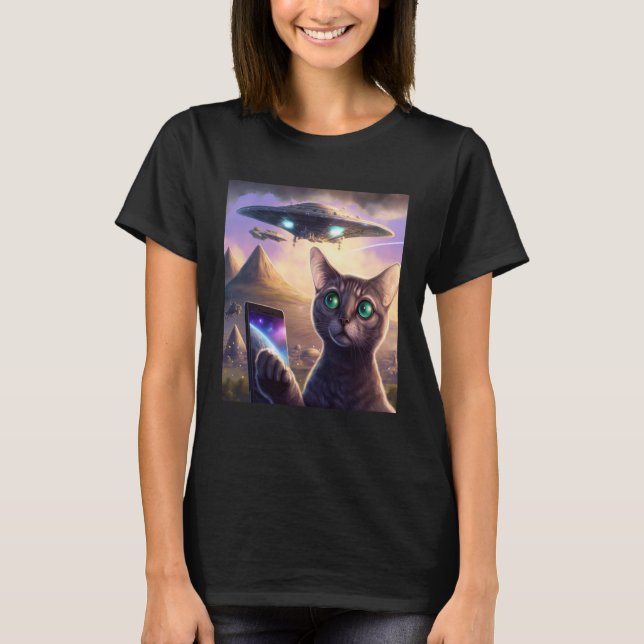 Alien UFO Cat Selfie Galaxy Cat T Shirt (Framsida)