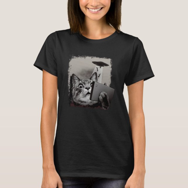 Alien UFO Cat Selfie Kattunge T Shirt (Framsida)