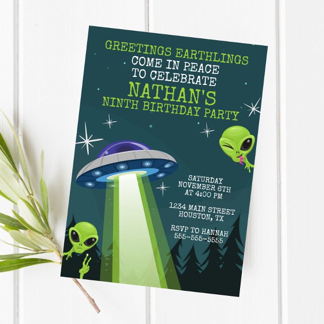 Alien UFO Födelsedagsfest inbjudan (Skapare uppladdad)