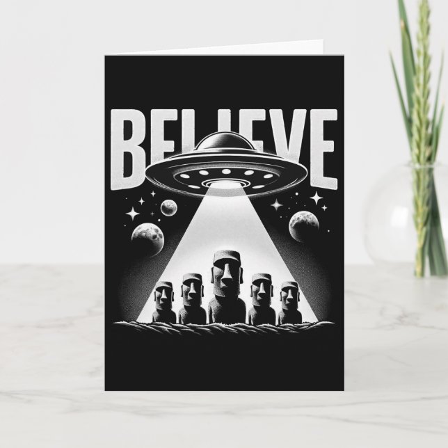 Alien Ufo Och Moai Påskö Huvud T-shirt - Mystik Kort (Framsida)