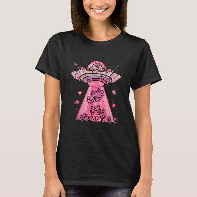 Alien UFO Retro Cat Alien Frakt Abduction T Shirt (Framsida)