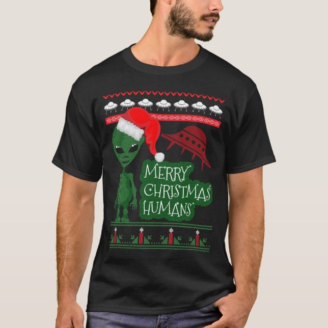 Alien UFO Ugly jul Sweater Knitten T-shirt (Framsida)