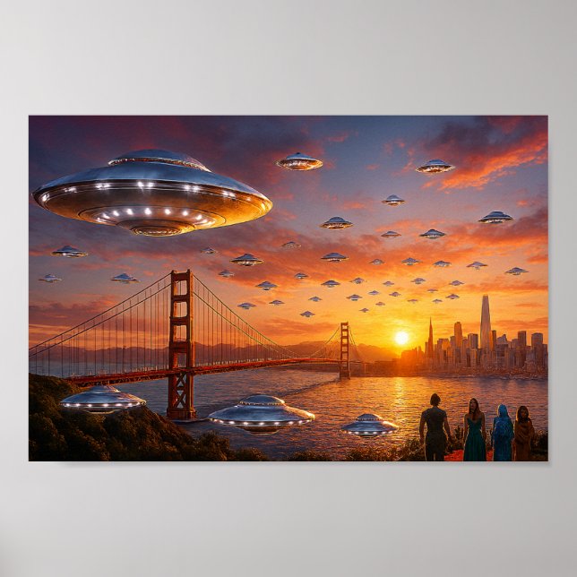 Alien UFOs SciFi Fantasy San Francisco Golden Gate Poster (Framsidan)