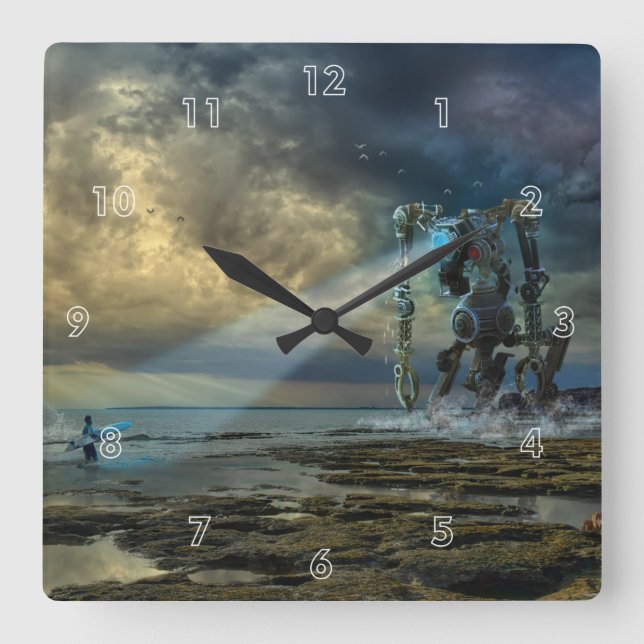 Alien Visiting Earth möter Surfer Fyrkantig Klocka (Framsida)