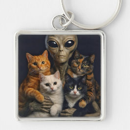 Alien with Cats Renaissance Art Oil Painting Fyrkantig Silverfärgad Nyckelring