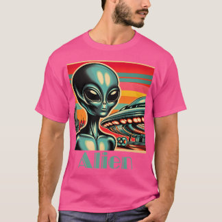 Alien with Ufo Retro-Stil T Shirt
