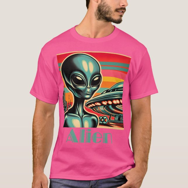 Alien with Ufo Retro-Stil T Shirt (Framsida)