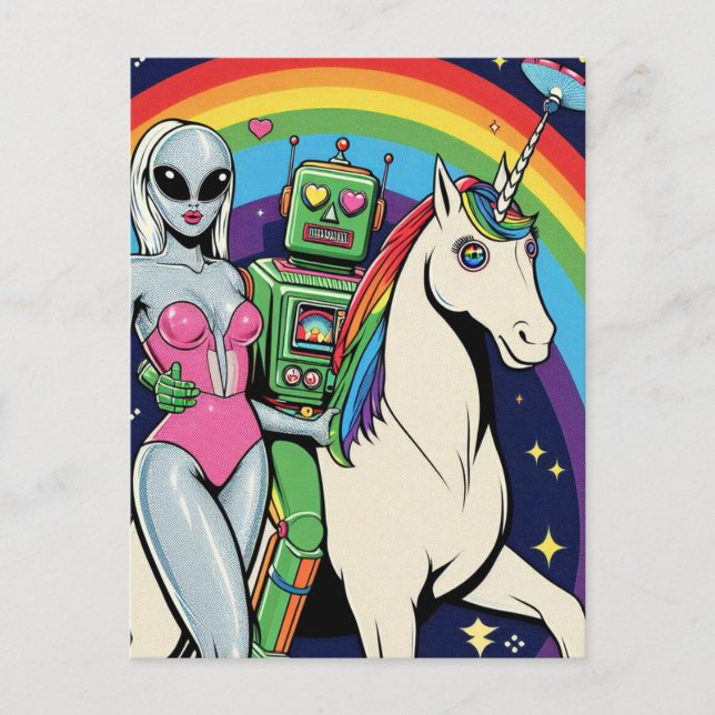 Alien Woman och Grönt Robot i Kärlek med Unicorn Vykort (Framsida)