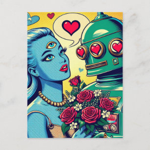 Alien Woman och Robot i Kärlek Retro Tecknad Vykort