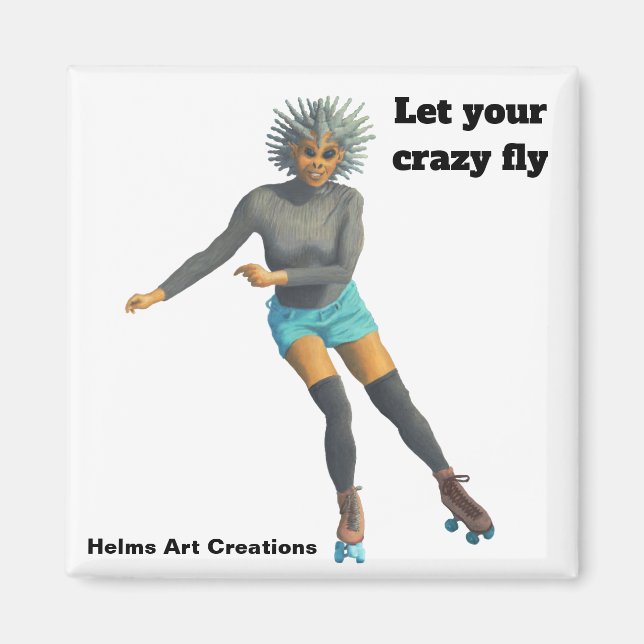 Alien Woman Roller Skater Fantasy Button Magnet (Framsidan)